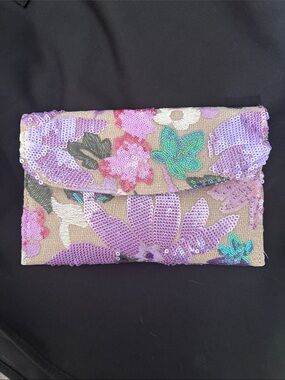 Purple Sequin Floral Envelope Clutch
